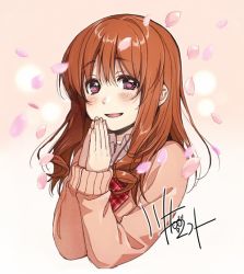 Rule 34 | 1girl, artist name, blush, bow, bowtie, brown hair, cherry blossoms, collared shirt, commentary request, hair between eyes, kawai makoto, koufuku graffiti, long sleeves, looking at viewer, machiko ryou, nose blush, open mouth, petals, pink eyes, plaid, plaid bow, plaid bowtie, plaid neckwear, red bow, red bowtie, shirt, solo, translated, white shirt, wing collar