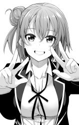 Rule 34 | 1girl, ahoge, akino sora, blush, breasts, cleavage, collared shirt, double w, fingernails, greyscale, hair bun, hands up, highres, jacket, large breasts, long sleeves, looking at viewer, monochrome, open clothes, open jacket, school uniform, shirt, side bun, simple background, single hair bun, single side bun, smile, solo, upper body, w, white background, wing collar, yahari ore no seishun lovecome wa machigatteiru., yuigahama yui