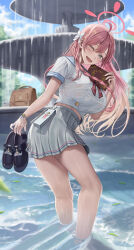 Rule 34 | 1girl, ;d, absurdres, ahoge, black footwear, blue archive, blush, book, braid, breasts, green eyes, grey skirt, halo, hanako (blue archive), highres, huge breasts, long hair, looking at viewer, midriff, no shoes, one eye closed, open mouth, pink hair, pink halo, pleated skirt, ribbon, school uniform, shirt, shoes, side braid, silvertsuki, skirt, smile, solo, wading, water, wet, white ribbon, white shirt