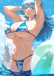 Rule 34 | 2girls, animal ears, armpits, arms up, ass, ball, beachball, bikini, blue eyes, blue hair, blue sky, blush, breasts, cleavage, cloud, commentary request, hair ornament, highres, large breasts, medium hair, multiple girls, navel, neshia (tsaqif0309), octopus print, open mouth, original, round teeth, sky, solo focus, swimsuit, teeth, underboob, wading, wet