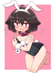 Rule 34 | 1girl, animal ears, artist self-insert, bare legs, bare shoulders, barefoot, black hair, black leotard, blush, breasts, collar, covered navel, crossed arms, fake animal ears, flying sweatdrops, full body, hair between eyes, hairband, highres, leotard, looking at viewer, naga u, naga u-chan, open mouth, original, pink background, playboy bunny, purple collar, rabbit ears, rabbit tail, red eyes, revision, short eyebrows, small breasts, solo, strapless, strapless leotard, sweat, tail, thick eyebrows, two-tone background, wavy mouth, white background, white hairband, wrist cuffs
