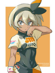 Rule 34 | 1girl, artist name, bad id, bad pixiv id, bea (pokemon), black bodysuit, black hairband, bodysuit, bodysuit under clothes, closed mouth, collared shirt, commentary request, covered navel, creatures (company), dark-skinned female, dark skin, dynamax band, eyelashes, game freak, grey eyes, grey hair, gym leader, hair between eyes, hairband, hand on own cheek, hand on own face, hand up, looking at viewer, nintendo, peron (niki2ki884), pokemon, pokemon swsh, print shirt, print shorts, shirt, short hair, short sleeves, shorts, solo, tied shirt, two-tone background