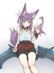 Rule 34 | 1girl, animal ears, aqua eyes, bare shoulders, bell, bike shorts, bike shorts under skirt, bridal gauntlets, cloud kingdom, collar, cowboy shot, detached sleeves, flat chest, fox ears, fox tail, highres, huge weapon, looking at viewer, miniskirt, neck bell, original, pas (paxiti), purple hair, sanka (pas), short hair, shorts, shorts under skirt, sitting, skirt, solo, tail, tail ornament, two side up, v, weapon