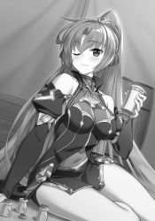 Rule 34 | 1girl, ;), arm support, blush, breasts, detached sleeves, greyscale, hair between eyes, hair ornament, high ponytail, highres, holding, large breasts, long hair, long sleeves, looking at viewer, ludmila lourie, madan no ou to vanadis, miniskirt, miyatsuki itsuka, monochrome, navel, novel illustration, official art, one eye closed, see-through, side slit, sitting, skirt, smile, solo, very long hair