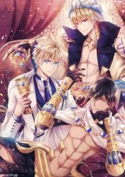 Rule 34 | 3boys, abs, ahoge, arthur pendragon (fate), arthur pendragon (white rose) (fate), bare pectorals, black gloves, black hair, blonde hair, blue eyes, blue neckwear, blue vest, cape, chalice, closed mouth, cup, curtains, earrings, fate/grand order, fate (series), formal, gem, gilgamesh, gilgamesh (caster) (fate), gilgamesh (fate), gloves, jewelry, looking at viewer, male focus, multiple boys, necklace, necktie, ozymandias (fate), pectorals, popped collar, red eyes, smile, suit, turban, twitter username, vest, white cape, white suit, yellow eyes, yuuzuki lily