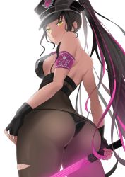 Rule 34 | 1girl, absurdres, ass, back, bare shoulders, bikini, black bikini, black gloves, black hair, black hat, black pantyhose, blush, breasts, facial mark, fate/grand order, fate (series), fingerless gloves, forehead mark, gloves, halterneck, hat, highres, large breasts, long hair, looking at viewer, looking back, multicolored hair, necktie, oxygen mask (oxygenmask233), pantyhose, parted bangs, pink hair, pink necktie, police hat, ponytail, sessyoin kiara, sessyoin kiara (swimsuit mooncancer), sessyoin kiara (swimsuit mooncancer) (second ascension), sideboob, solo, streaked hair, swimsuit, thighs, traffic baton, very long hair, yellow eyes