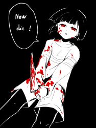 Rule 34 | androgynous, black background, blood, bloody knife, bloody weapon, blunt bangs, chara (undertale), dagger, dark persona, dutch angle, english text, frisk (undertale), gender request, hbm20, highres, holding, holding weapon, knife, red eyes, shirt, short hair, shorts, simple background, solo, speech bubble, spoilers, spot color, striped clothes, striped shirt, undertale, weapon