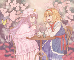 Rule 34 | 2girls, alice margatroid, bad id, bad pixiv id, blonde hair, blue eyes, bug, butterfly, capelet, chair, cup, female focus, flower, hat, bug, long hair, multiple girls, nazuki nazu, open mouth, patchouli knowledge, purple eyes, purple hair, short hair, sitting, smile, table, teacup, teapot, touhou