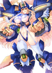 Rule 34 | 1girl, areola slip, blonde hair, breasts, garter straps, glowing, haganef, headgear, highleg, huge breasts, lace, lace-trimmed legwear, lace trim, light, long hair, looking at viewer, mecha musume, midriff, navel, neo granzon, open mouth, simple background, skindentation, solo, sparkle, super robot wars, super robot wars original generation, super robot wars the lord of elemental, thighhighs, underboob, very long hair, white background, white thighhighs, yellow eyes
