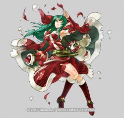 Rule 34 | 1girl, breasts, cecilia (fire emblem), cecilia (winter) (fire emblem), christmas, closed mouth, dated, fire emblem, fire emblem: the binding blade, fire emblem heroes, green eyes, green hair, kita senri, long hair, looking at viewer, nintendo, official art, one eye closed, simple background, solo