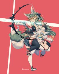 Rule 34 | 2girls, ahoge, animal ear fluff, animal ears, arrow (projectile), bit gag, black thighhighs, bow (weapon), breasts, collar, crossed bangs, drawing bow, gag, gagged, green eyes, green hair, highres, holding, holding bow (weapon), holding weapon, kuromiya, kuromiya raika, large breasts, long hair, mouth hold, multicolored hair, multiple girls, original, pony play, reins, shiromiya asuka, short hair, simple background, tail, thighhighs, two-tone hair, weapon, white hair, white thighhighs