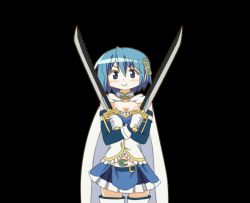 Rule 34 | 10s, 1girl, animated, animated gif, blue eyes, blue hair, blush, breasts, dual wielding, fortissimo, hair ornament, hairclip, hangaku, highres, holding, magical girl, mahou shoujo madoka magica, mahou shoujo madoka magica (anime), mahou shoujo madoka magica movie 1 &amp; 2, matching hair/eyes, medium breasts, miki sayaka, musical note, musical note hair ornament, short hair, skirt, smile, solo, sword, transparent background, weapon