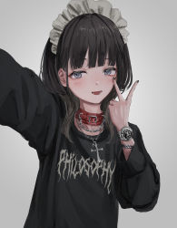 Rule 34 | 1girl, absurdres, black hair, black shirt, blunt bangs, blush, collar, cross, cross necklace, frilled hairband, frills, gishiki (gshk), grey background, grey eyes, hairband, highres, jewelry, long hair, long sleeves, looking at viewer, necklace, original, parted lips, print shirt, shirt, simple background, smile, solo, upper body, v, watch, wristwatch