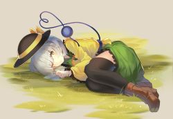 Rule 34 | 1girl, black hat, black thighhighs, boots, bow, brown footwear, commentary request, falken (yutozin), frilled shirt collar, frilled sleeves, frills, grass, green skirt, grey background, hair between eyes, hat, hat bow, heart, heart of string, highres, komeiji koishi, long sleeves, looking at viewer, lying, on side, one eye closed, petticoat, shirt, short hair, silver hair, skirt, solo, thighhighs, thighs, third eye, touhou, wide sleeves, yellow bow, yellow eyes, yellow shirt