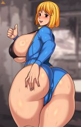 Rule 34 | absurdres, ass, black eyes, blonde hair, bodysuit, breasts, breasts out, cameltoe, cleft of venus, fallout (series), highres, huge ass, huge breasts, jmg, short hair, smile, thumbs up, vault girl