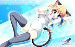 Rule 34 | 1girl, animal ears, blonde hair, blue eyes, cat ears, cat tail, highres, kamiya tomoe, one-piece swimsuit, original, school swimsuit, solo, swimsuit, tail, thighhighs, twintails, wallpaper, white school swimsuit, white one-piece swimsuit