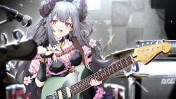 Rule 34 | 1girl, absurdres, animal ears, bass guitar, black choker, black dress, black gloves, blush, breasts, chikafuji lisa, choker, cleavage, cleavage cutout, clothing cutout, commentary request, dress, drum, drum set, ear piercing, earrings, electric guitar, fingerless gloves, flower, gloves, grey hair, guitar, hair flower, hair ornament, heart, heart necklace, highres, holding, holding instrument, horns, instrument, jewelry, long hair, looking at viewer, medium breasts, microphone, mole, mole under eye, necklace, open mouth, piercing, purple eyes, riripoinya, sheep ears, sheep girl, sheep horns, solo, tsunderia, virtual youtuber, wavy hair