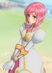 Rule 34 | 1girl, bad id, bad pixiv id, blurry, blurry background, blush, commentary, day, dress, dutch angle, estellise sidos heurassein, gloves, green eyes, highres, interlocked fingers, looking at viewer, miura-n315, outdoors, pink hair, short hair, solo, standing, tales of (series), tales of vesperia, white dress, white gloves