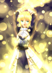 Rule 34 | 1girl, ahoge, aoi usagi, armor, armored dress, artoria pendragon (fate), bad id, bad pixiv id, blonde hair, dress, excalibur (fate/stay night), fate/zero, fate (series), gauntlets, glowing, glowing weapon, green eyes, hair ribbon, ribbon, saber (fate), solo, sword, weapon