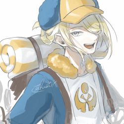 Rule 34 | 1boy, :d, backpack, bag, blonde hair, blue jumpsuit, brown bag, commentary request, creatures (company), fur trim, game freak, grey eyes, hat, highres, jumpsuit, looking at viewer, male focus, nintendo, open mouth, pokemon, pokemon legends: arceus, short hair, signature, sketch, smile, solo, teeth, tongue, upi (ukn18pkanother), upper body, volo (pokemon), yellow hat
