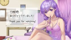 Rule 34 | 1girl, analog clock, book, breasts, bulletin board, cannon kaleidoscope, cleavage, clock, closed mouth, collarbone, computer, desk, end card, eyelashes, highres, holding, holding pen, indie virtual youtuber, kusunoki nack, laptop, looking at viewer, monitor, nightgown, pen, pink nails, purple eyes, purple hair, purple nightgown, solo, thank you, translation request, virtual youtuber