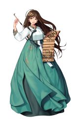 Rule 34 | 1girl, absurdres, ahoge, black survival, blue skirt, brown hair, calligraphy, calligraphy brush, clover earrings, fingernails, floral print, full body, green eyes, gweon sua, hair between eyes, highres, holding, holding brush, lips, long hair, long skirt, long sleeves, looking at viewer, official alternate costume, official art, open mouth, paintbrush, skirt, solo, standing, teeth, translation request, transparent background, upper teeth only, yamakawa