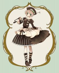 Rule 34 | 1girl, black nails, boots, bow, brown dress, brown footwear, brown hair, brown hat, brown shirt, chocolate syrup, dress, expressionless, frills, full body, green bow, green eyes, hat, hat bow, highres, hot chocolate, juliet sleeves, layered dress, lolita fashion, long sleeves, looking at viewer, nail polish, original, personification, pocketland, puffy sleeves, rapier, shirt, short hair, solo, standing, striped clothes, striped dress, sword, vertical-striped clothes, vertical-striped dress, weapon, white bow, yuungai yuzuko