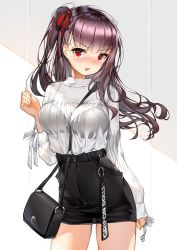 Rule 34 | 1girl, :d, bad id, bad twitter id, bag, belt, between breasts, black bra, black skirt, blouse, blush, bra, bra visible through clothes, braid, breasts, casual, clothes writing, commentary, cowboy shot, dduck kong, embarrassed, french braid, girls&#039; frontline, hair ribbon, half updo, hand on own hip, high-waist shorts, high-waist skirt, indoors, large breasts, long hair, long sleeves, looking at viewer, one side up, open mouth, purple hair, red eyes, red ribbon, ribbon, see-through, shirt, shirt tucked in, shorts, shoulder bag, sidelocks, skirt, sleeves past wrists, smile, solo, strap, strap between breasts, tsurime, underwear, v-shaped eyebrows, very long hair, wa2000 (girls&#039; frontline), white shirt