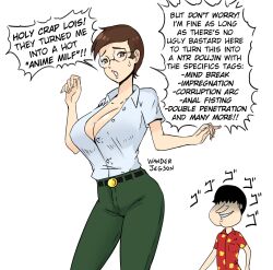 Rule 34 | 1boy, 1girl, animification, belt, black hair, breasts, brown hair, buttons, cleavage, english text, family guy, genderswap, genderswap (mtf), glasses, glenn quagmire, green pants, grin, hair over eyes, highres, large breasts, mature female, meme, menacing (jojo), pants, peter griffin, red shirt, shirt, short sleeves, smile, speech bubble, unbuttoned, unbuttoned shirt, wanderjegson, what