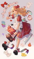 Rule 34 | 1girl, absurdres, adapted costume, apron, bag, bird, black footwear, blonde hair, bow, closed mouth, clynxen, crystal, cup, dress, duck, flandre scarlet, food, frilled apron, frills, full body, gradient background, grey background, hair bow, hand up, handbag, highres, holding, holding bag, long hair, looking at viewer, mary janes, no headwear, pudding, puffy short sleeves, puffy sleeves, rabbit, red bow, red dress, red eyes, shoes, short sleeves, smile, socks, solo, stuffed toy, teacup, touhou, v, white apron, white socks, wings