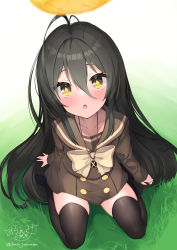 Rule 34 | + +, 1girl, absurdres, antenna hair, black hair, black thighhighs, blurry, blurry foreground, blush, bow, brown bow, brown eyes, brown sailor collar, brown serafuku, brown shirt, brown skirt, collarbone, commentary request, depth of field, food, hair between eyes, highres, long hair, long sleeves, no shoes, ochinsama, on grass, sailor collar, school uniform, serafuku, shakugan no shana, shana, shirt, sitting, skirt, sleeves past wrists, solo, thighhighs, very long hair, wariza, white background, white bow