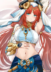 Rule 34 | 1girl, absurdres, arabian clothes, arm behind head, arm up, armpits, belly rub, blue nails, blunt bangs, blush, bracer, breasts, brooch, closed mouth, clothing cutout, crop top, dancer, detached sleeves, fake horns, genshin impact, gold trim, green eyes, headpiece, highres, horns, jewelry, long hair, long sleeves, looking at viewer, low twintails, medium breasts, mixed-language commentary, nail polish, navel, neck ring, nilou (genshin impact), parted bangs, pinepin, presenting armpit, puffy long sleeves, puffy sleeves, red hair, smile, solo, stomach, twintails, twitter username, veil, very long hair, vision (genshin impact)