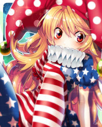 Rule 34 | 1girl, american flag dress, american flag legwear, american flag shirt, blonde hair, clownpiece, covering own mouth, dutch angle, fua yuu, gradient background, hat, jester cap, long hair, looking at viewer, neck ruff, pantyhose, print pantyhose, puffy sleeves, red eyes, short sleeves, signature, sitting, solo, star (symbol), striped, touhou
