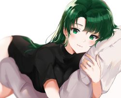 Rule 34 | 1girl, absurdres, asymmetrical bangs, bed, black shirt, blurry, blush, breast press, breasts, closed mouth, depth of field, female focus, fire emblem, fire emblem: the blazing blade, fire emblem heroes, green eyes, green hair, hair down, highres, large breasts, long hair, looking at viewer, lying, lyn (fire emblem), nintendo, hugging object, on stomach, ormille, pillow, pillow hug, shirt, short sleeves, simple background, smile, solo, very long hair, white background
