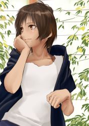1girl absurdres blue_jacket brown_eyes brown_hair closed_mouth highres jacket kilye_kairi looking_to_the_side mole mole_on_cheek mole_on_neck mole_on_nose mole_under_mouth open_clothes open_jacket original shirt short_hair smile solo upper_body white_shirt