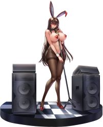 Rule 34 | 1girl, areola slip, between breasts, blush, breasts, crossed bangs, full body, hair between eyes, hair intakes, high heels, highres, huge breasts, last origin, leotard, long hair, microphone, microphone stand, mr.yun, navel, official art, open mouth, pasties, playboy bunny, royal arsenal, solo, speaker, tachi-e, transparent background, very long hair