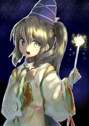 Rule 34 | 1girl, chagen kokimu, colorized, female focus, fireworks, grey eyes, hat, highres, holding, holding own hair, japanese clothes, mononobe no futo, night, night sky, open mouth, ponytail, short hair, silver hair, sketch, skirt, sky, smile, solo, sparkler, star (sky), starry sky, tate eboshi, touhou, wide sleeves