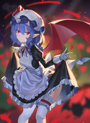 Rule 34 | 1girl, alternate costume, apron, bat wings, blurry, blurry background, closed mouth, cowboy shot, falken (yutozin), gloves, hair between eyes, hat, hat ribbon, highres, juliet sleeves, lifted by self, long sleeves, looking at viewer, maid, maid apron, mob cap, neck ribbon, petticoat, pointy ears, puffy sleeves, purple hair, red eyes, red ribbon, remilia scarlet, ribbon, short hair, smile, solo, standing, touhou, white apron, white gloves, white hat, white legwear, wings