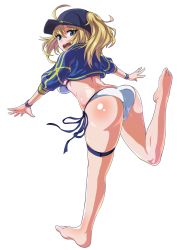 Rule 34 | 1girl, ahoge, artoria pendragon (fate), ass, barefoot, bikini, blonde hair, blue eyes, breasts, commentary request, artistic error, fate/grand order, fate (series), hat, highres, jacket, looking at viewer, medium breasts, medium hair, mysterious heroine x (fate), mysterious heroine xx (fate), open mouth, ponytail, running, shrug (clothing), side-tie bikini bottom, sideboob, simple background, solo, swimsuit, thighlet, urayama (backmountain), white background, white bikini, wrong foot
