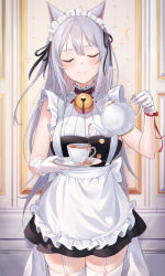 Rule 34 | 1girl, animal ears, apron, bare shoulders, barefoot, black dress, breasts, cat ears, closed eyes, closed mouth, cowboy shot, dress, emyo, facing viewer, frilled apron, frills, garter straps, highres, maid, maid apron, maid headdress, medium breasts, original, pouring, sleeveless, sleeveless dress, smile, solo, spill, standing, thighhighs, tray, white thighhighs, zettai ryouiki