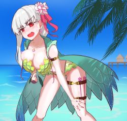 Rule 34 | 1girl, armlet, bare shoulders, beach, bikini, blue sky, blush, bracelet, braid, braided ponytail, breasts, breasts out, collarbone, earrings, fate/grand order, fate (series), flower, frills, fukuyou (s7324678123), green bikini, green vest, hair flower, hair ornament, hair ribbon, hood, hooded vest, hoodie, jewelry, kama (fate), kama (swimsuit avenger) (fate), kama (swimsuit avenger) (second ascension) (fate), large breasts, leaning forward, long hair, looking at viewer, lotus, nail polish, necklace, nipples, ocean, open mouth, palm leaf, pendant, red eyes, ribbon, silver hair, sky, solo, swimsuit, thigh strap, thighs, vest
