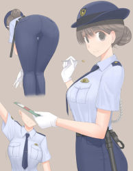 Rule 34 | 1girl, ass, bad id, bad pixiv id, baton (weapon), bent over, breasts, brown hair, clipboard, gloves, hair bun, hat, holding, large breasts, looking at viewer, multiple views, necktie, original, pantylines, pen, police, police hat, police uniform, policewoman, shirt tucked in, simple background, single hair bun, taito0630, uniform, weapon, white gloves