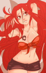 Rule 34 | 1girl, armpits, bad deviantart id, bad id, bankage, bare shoulders, breast tattoo, breasts, cleavage, fairy tail, flare corona, front-tie top, hands in hair, large breasts, long hair, midriff, navel, red eyes, red hair, short shorts, shorts, solo, tattoo, very long hair, wide hips