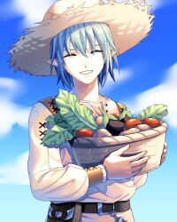 Rule 34 | 1boy, basket, belt, belt pouch, blue hair, closed eyes, eggplant, elezen, elf, final fantasy, final fantasy xiv, food, hair between eyes, hat, haurchefant greystone, highres, holding, holding basket, pants, pointy ears, potato, pouch, shirt, short hair, smile, solo, spinach, straw hat, sunlight, teeth, tomato, upper body, vegetable, white pants, white shirt, wimp1313