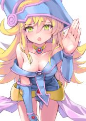 Rule 34 | 1girl, :o, bare shoulders, blonde hair, blue hat, blush, breasts, choker, cleavage, dark magician girl, duel monster, fang, green eyes, hair between eyes, hand on own thigh, hand up, hat, long hair, looking at viewer, off shoulder, open mouth, rin2008, simple background, solo, white background, wizard hat, yellow choker, yu-gi-oh!, yu-gi-oh! duel monsters