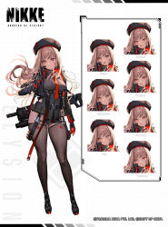 Rule 34 | 1girl, artist request, backlighting, black gloves, black jacket, brown hair, clothing cutout, expressions, full body, gloves, goddess of victory: nikke, grid background, gun, gun sling, hat, jacket, official art, rapi (nikke), solo, sprite, thigh cutout, thighhighs, uniform, weapon