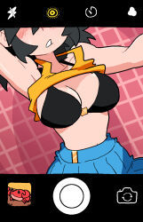 Rule 34 | 1girl, arm behind head, armpits, black bra, blue skirt, bra, breasts, cleavage, clothes lift, crab, fake screenshot, head out of frame, highres, large breasts, lucia (scott malin), original, parted lips, photoshop (medium), pleated skirt, scott malin, shadow, shirt lift, skirt, solo, tank top, tile wall, tiles, underwear, yellow tank top