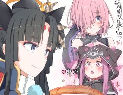 +_+ 3girls animal_ears animal_hood black_capelet black_gloves black_hair black_leotard blush capelet closed_mouth commentary_request elbow_gloves fake_animal_ears fate/grand_order fate_(series) gloves gomennasai grey_eyes hair_over_one_eye hand_in_own_hair hand_up heart hood hood_up hooded_capelet leotard long_hair mash_kyrielight medusa_(fate) medusa_(lancer)_(fate) multiple_girls open_mouth parted_bangs pink_hair purple_eyes purple_hair rider short_hair sidelocks smile sparkle thick_eyebrows translation_request ushiwakamaru_(fate)