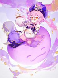 Rule 34 | 1girl, ^ ^, ahoge, closed eyes, coin, detached sleeves, dori (genshin impact), genshin impact, glasses, hair ornament, harem outfit, harem pants, hat, highres, jinni (genshin impact), looking at viewer, oil lamp, orange eyes, pants, pince-nez, pink hair, purple hat, short hair with long locks, signature, simple background, sitting, solo, sparkle, tatata taira, white sleeves