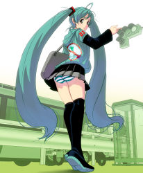 Rule 34 | 1girl, aqua eyes, aqua hair, ass, bad id, bad pixiv id, boots, from below, full body, guard rail, hatsune miku, kouno (masao), long hair, looking at viewer, looking back, motor vehicle, panties, pantyshot, phone booth, pickup truck, skirt, solo, spring onion, striped clothes, striped panties, thigh boots, thighhighs, tiptoes, truck, twintails, underwear, upskirt, vehicle, very long hair, vocaloid